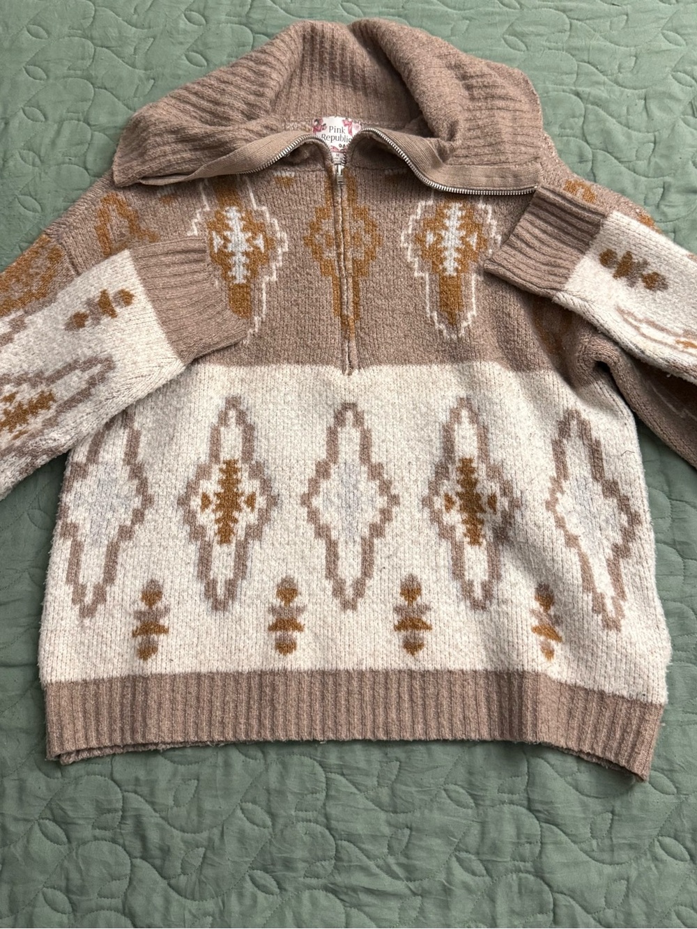 Pink Republic Taupe, Cream & Gold Half-Zip Cowl Turtleneck Sweater